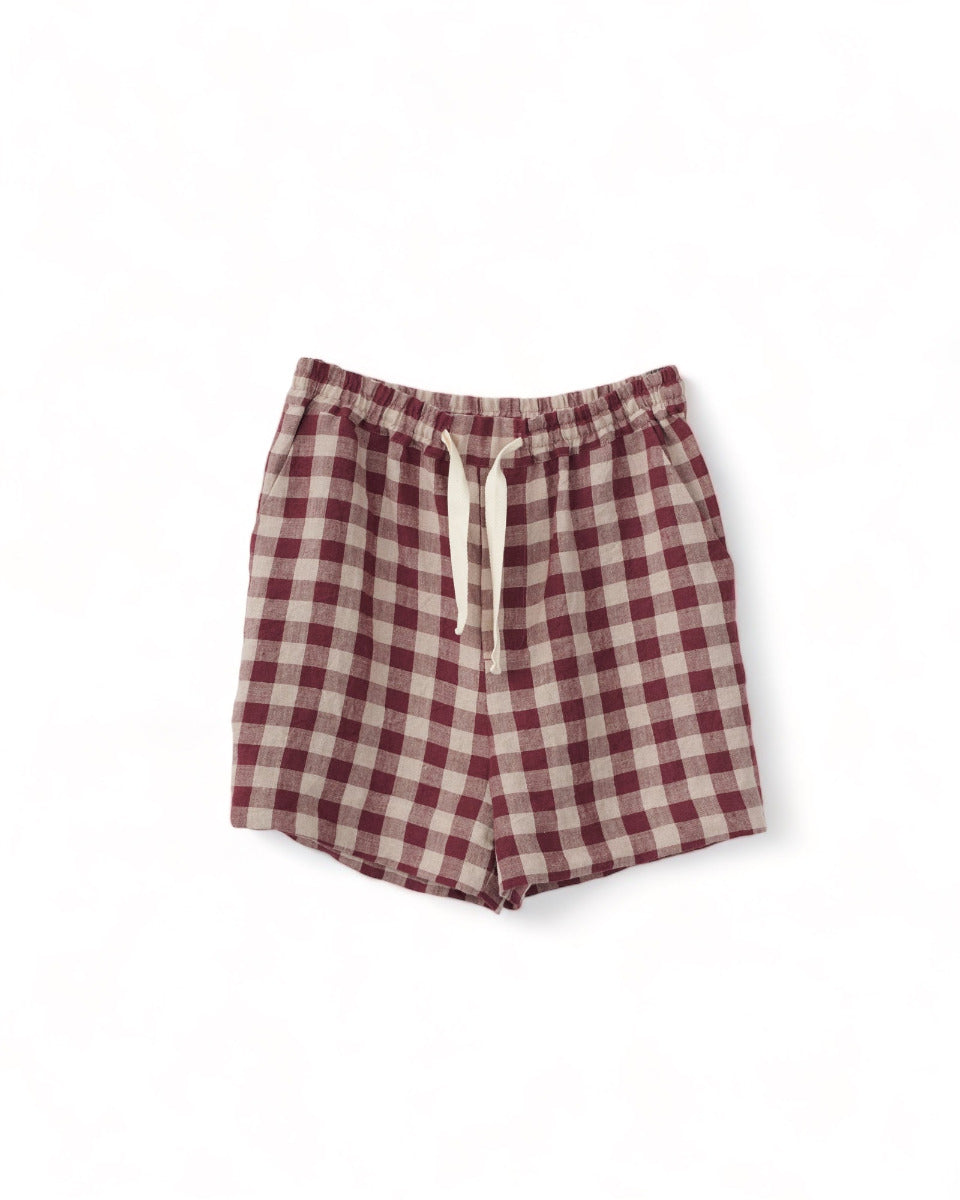 Check Linen PJ Shorts - Burgundy/Nature Mix